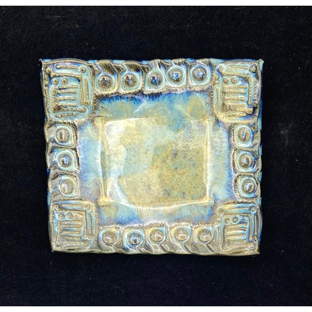 Handmade Pottery Ring Dish Blue & Tan Glaze Rectangular Trinket Textured Signed